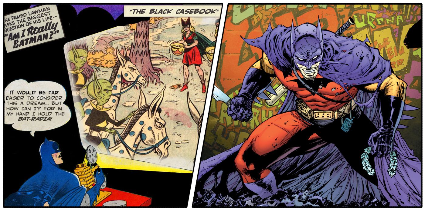A split image of Batman analyzing his older comics and of Batman in a red, gold, and purple Bat-suit