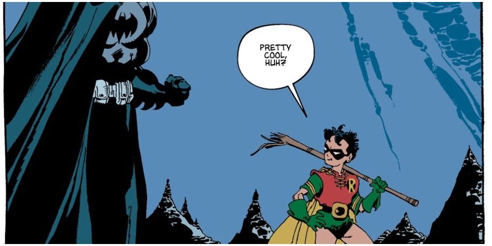 Robin talking to Batman with a broken staff, in Dark Victory.