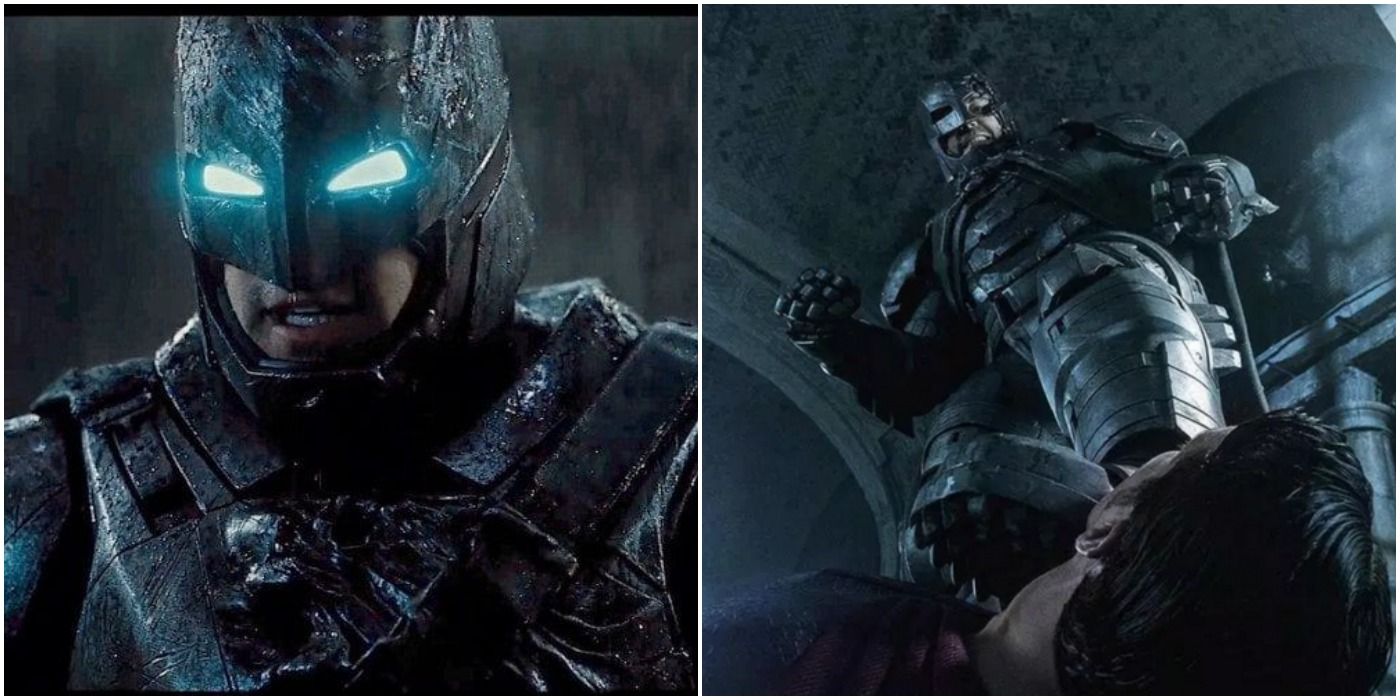 Ben Affleck em traje blindado enquanto Batman fica sobre Superman em Batman V. Superman