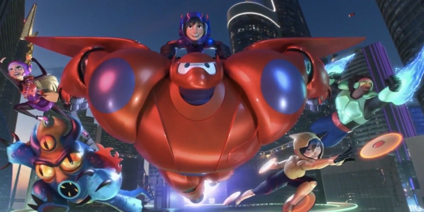 Big Hero 6 team assembled in suits, flying in air