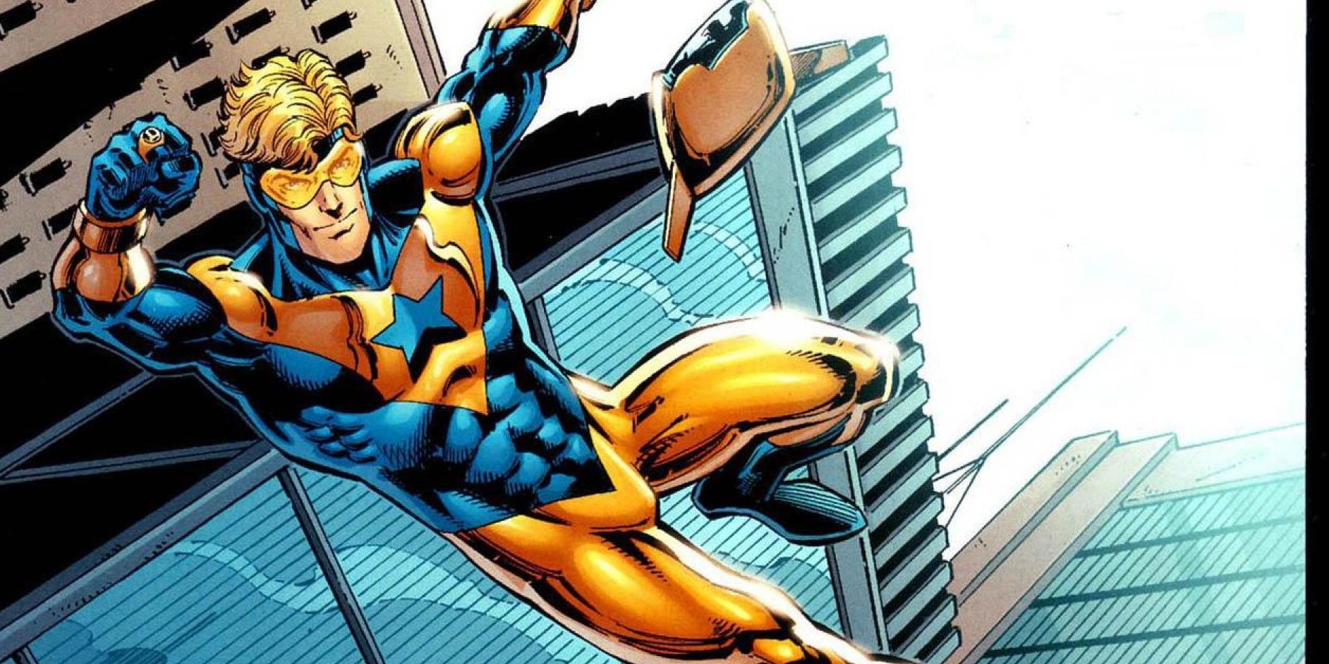Booster Gold flying through the air in 52, DC Comics.