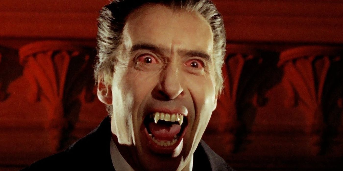 Christopher Lee showing off his fangs as Count Dracula