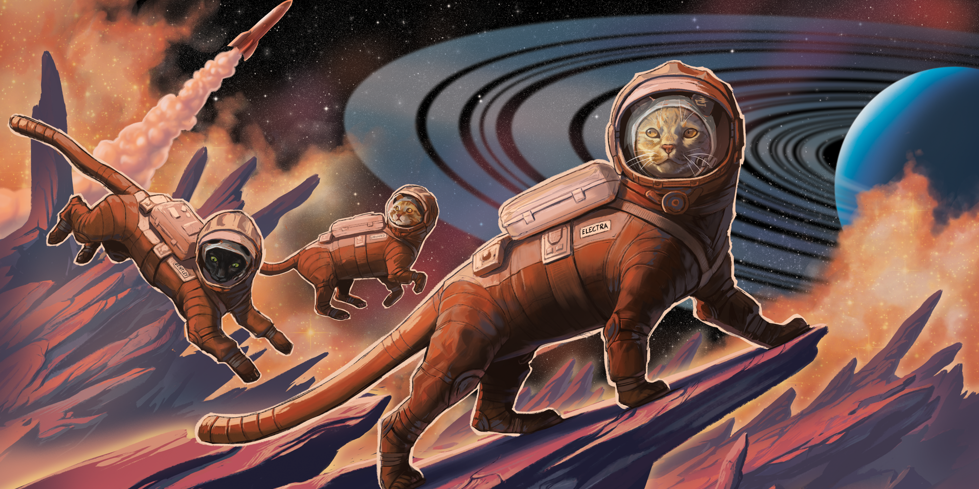 Cats in spacesuits explore the galaxy.