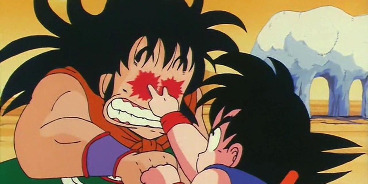 Anime Goku poking Yamcha's eyes