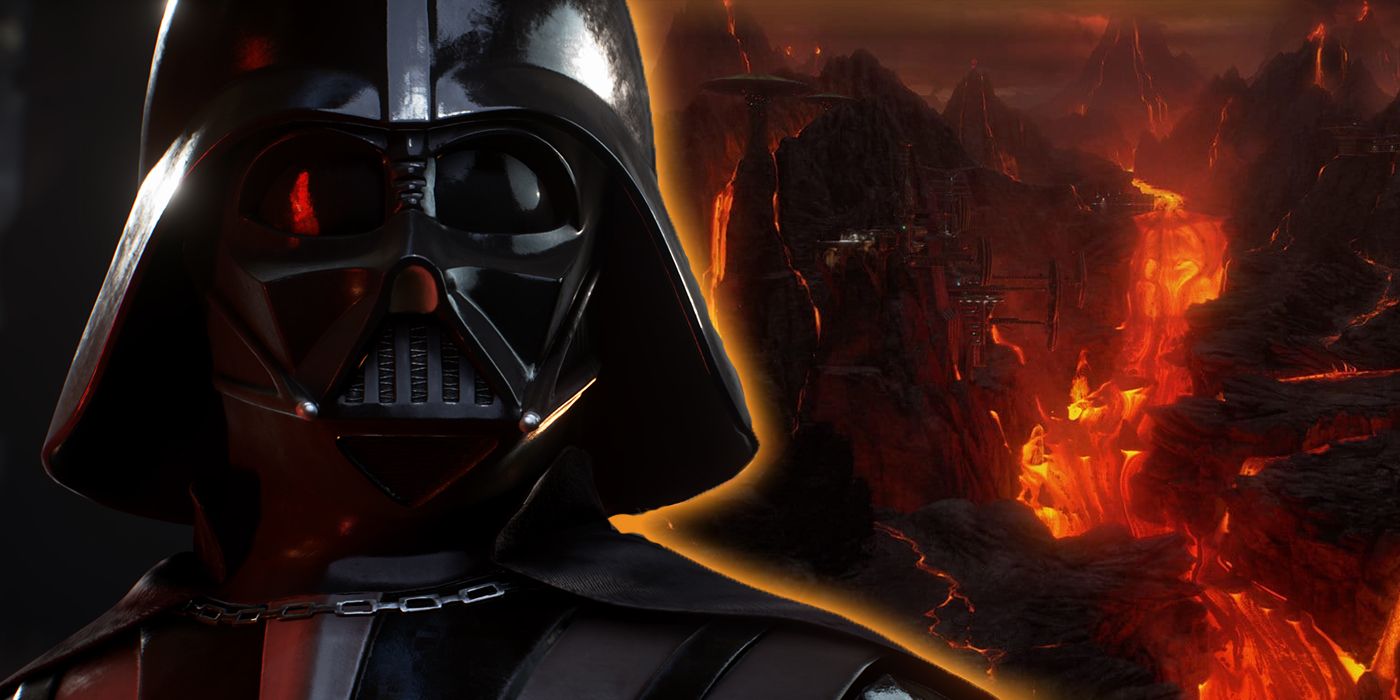 Darth Vader next to an image of Mustafar,