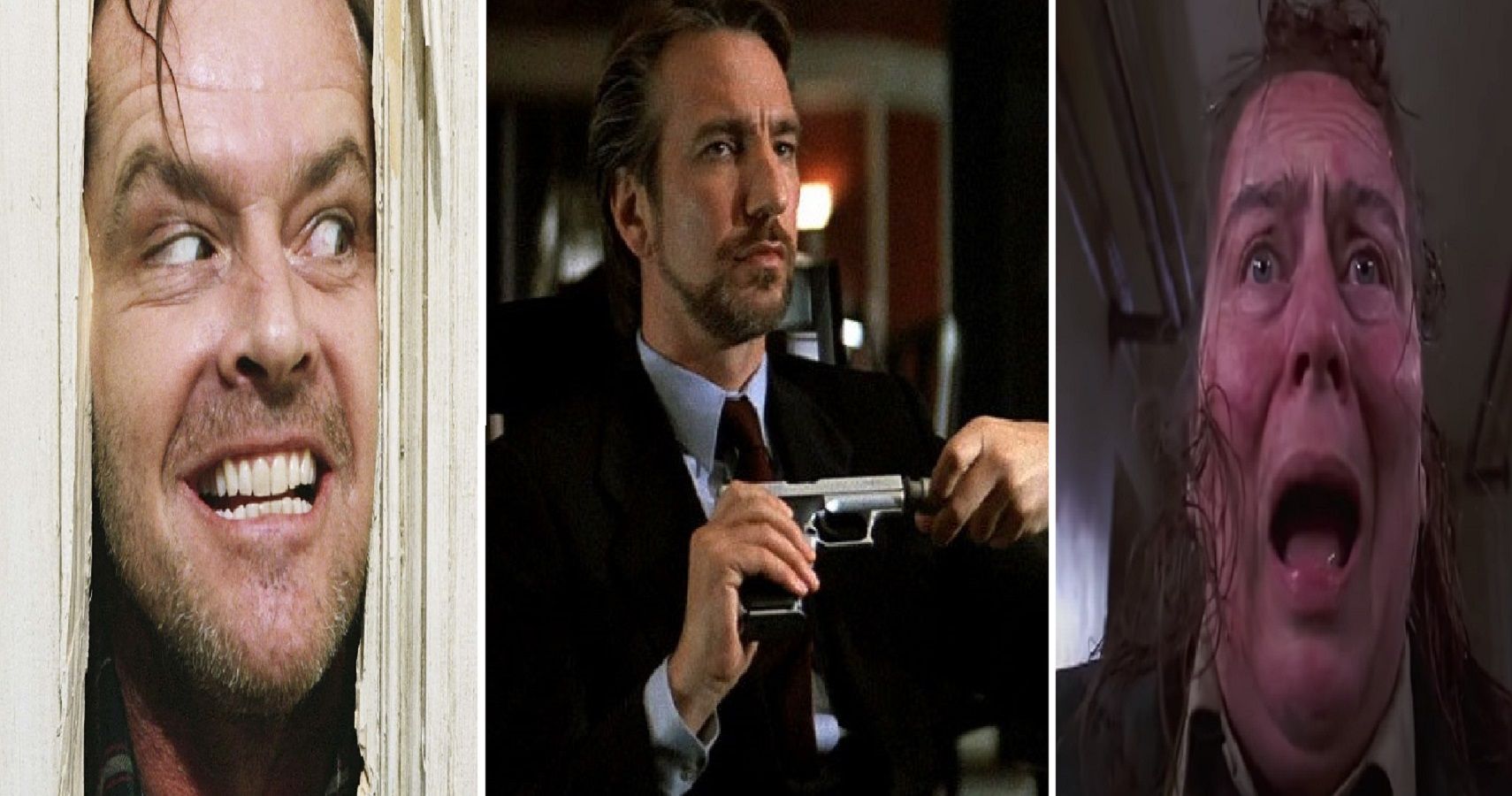 A split image of Jack Torrance in The Shining, Hans Gruber in Die Hard and Miss. Trunchbull in Matilda