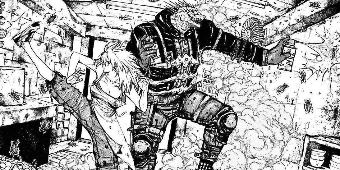 Dorohedoro manga panel art featuring two main characters on a detailed background