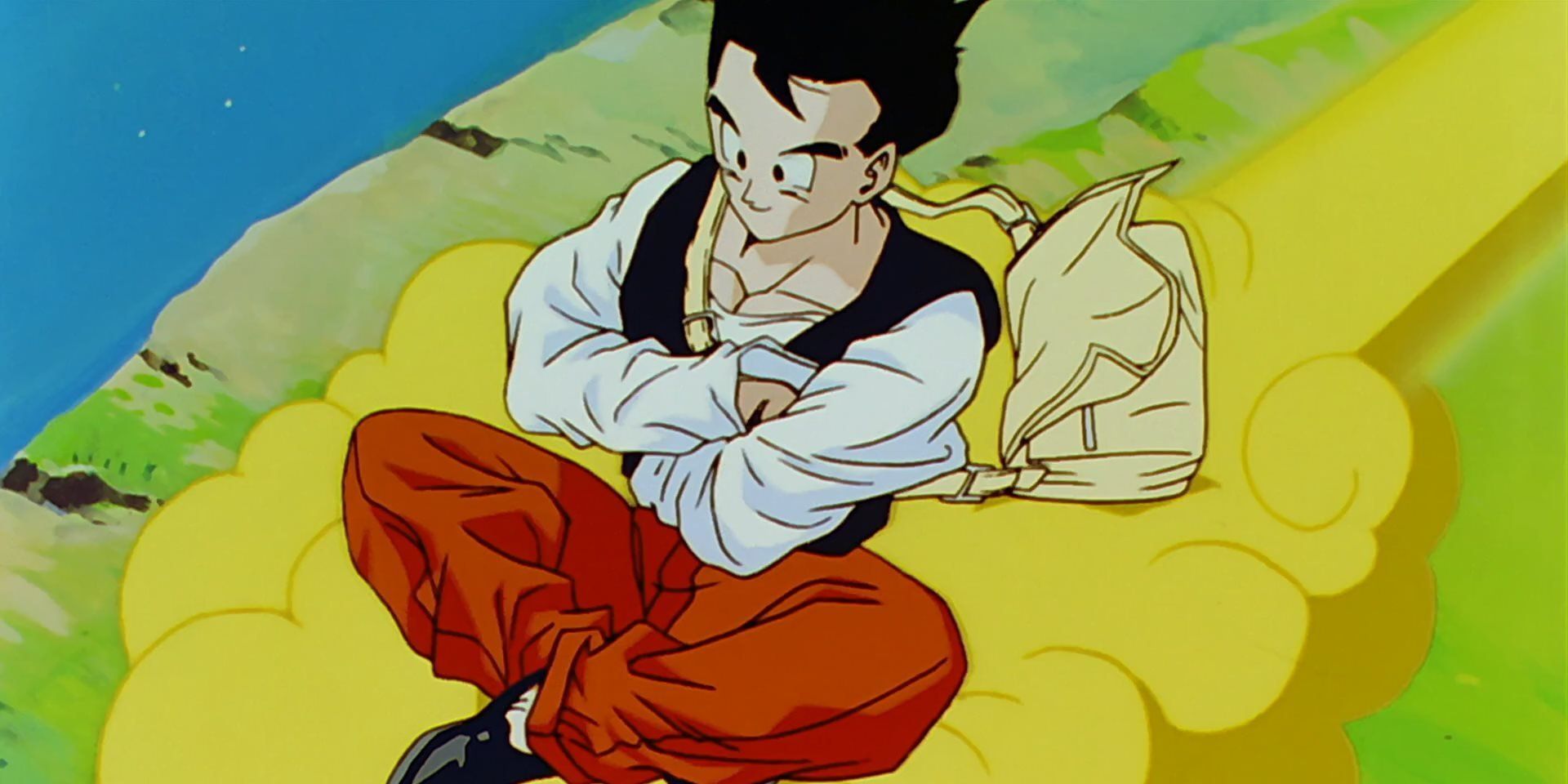 Adult Gohan rides the Flying Nimbus to school in Dragon Ball Z