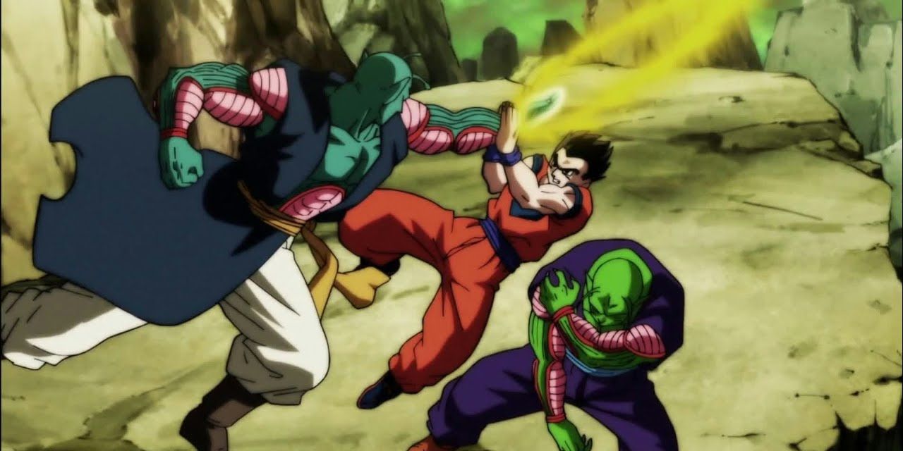 Gohan, Saonel e Pirina lutando em Dragon Ball