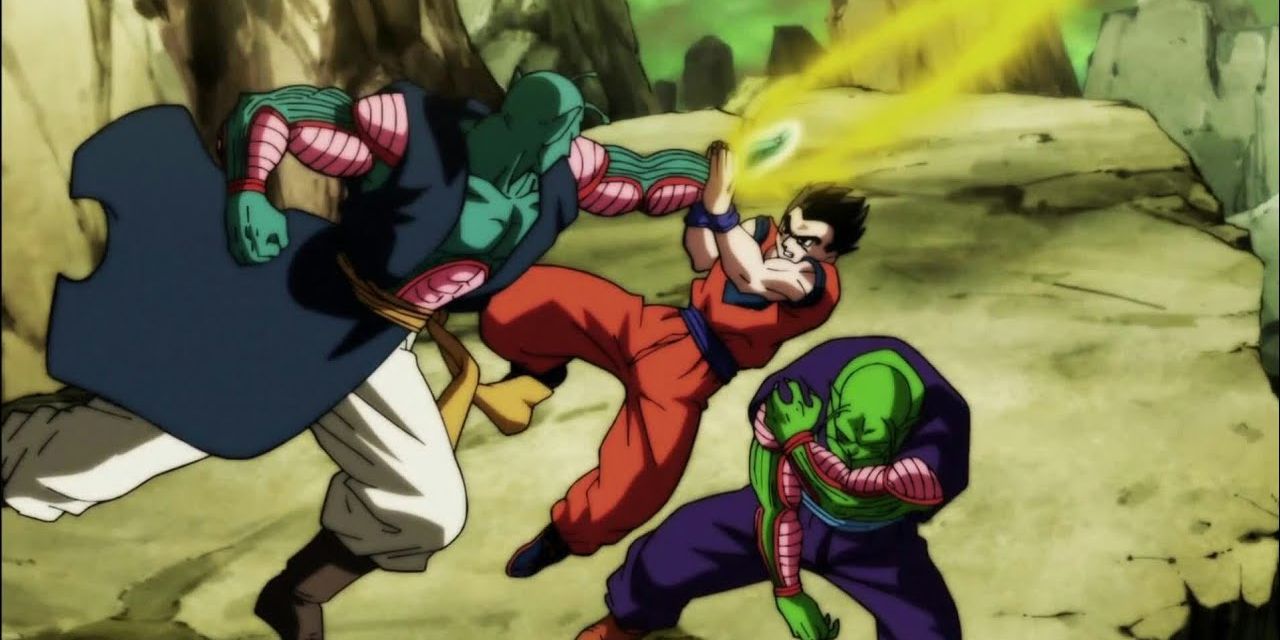 Saonel e Pirina do Universo 6 lutam contra Gohan e Piccolo no Torneio de Poder de Dragon Ball Super.