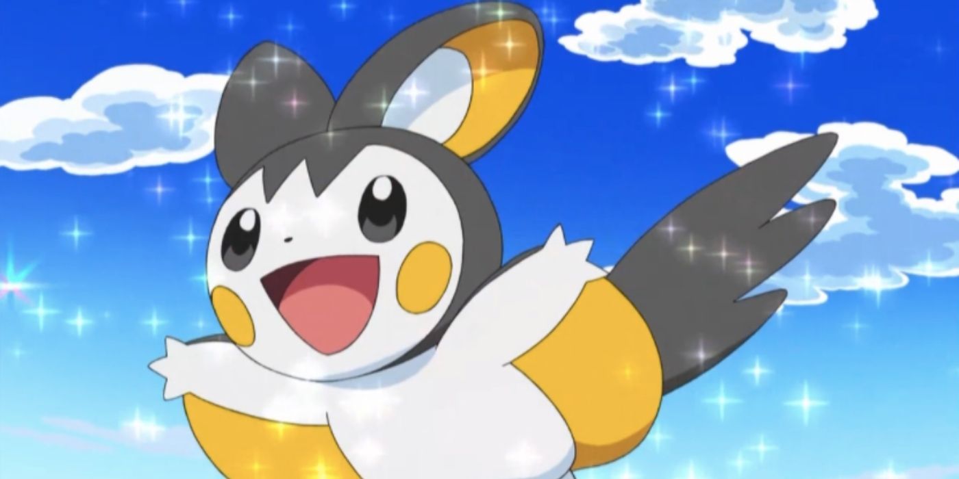 An Emolga soars through the sky in the Pokémon anime.