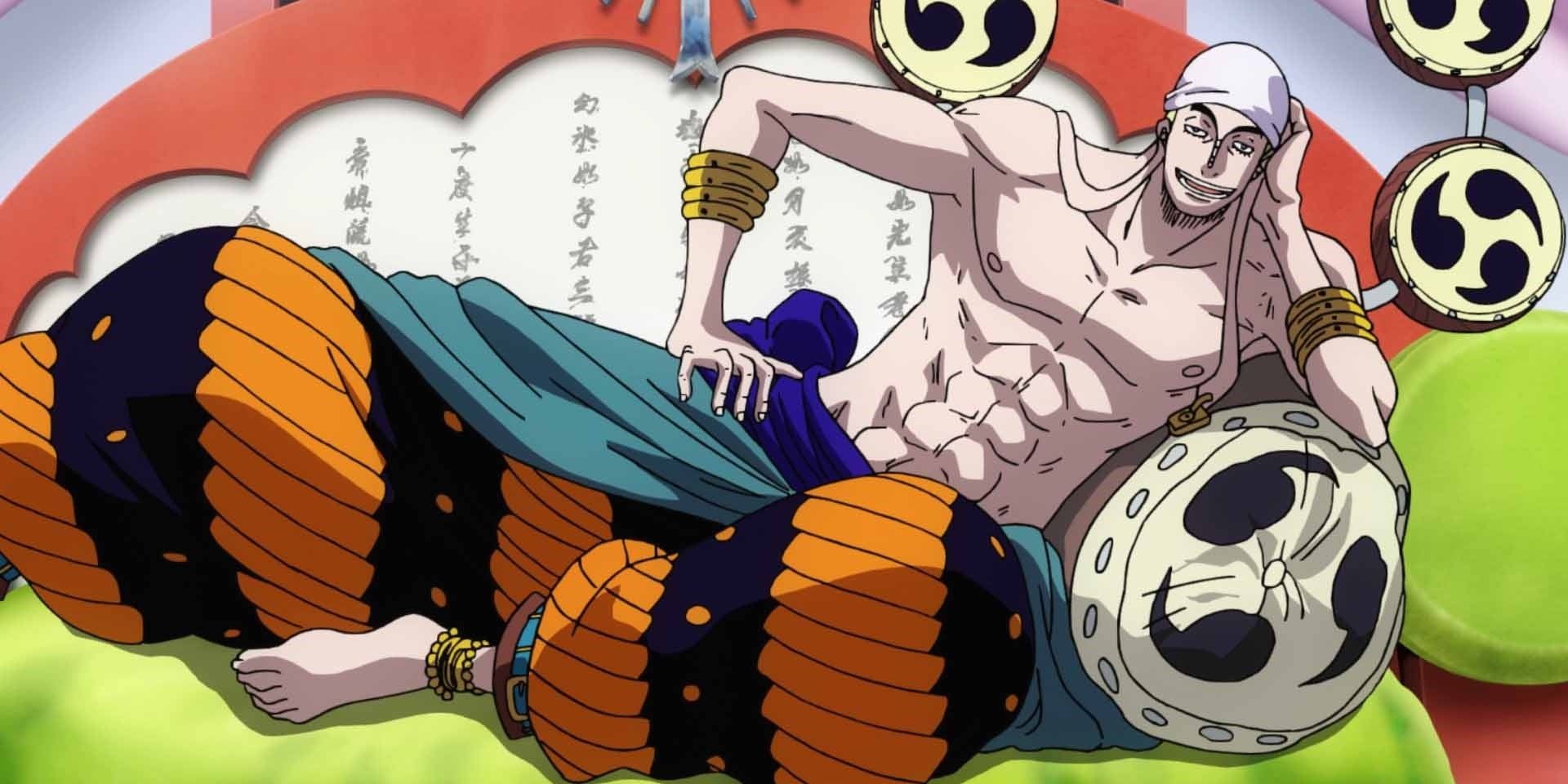 Enel Skypiea leaning on a bolster with a happy smile