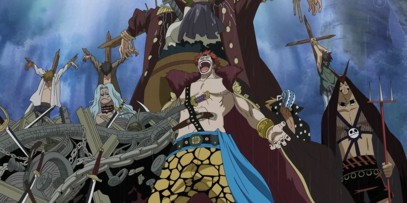 Eustass Kid showing off his debauchery and his giant metal arm in One Piece.