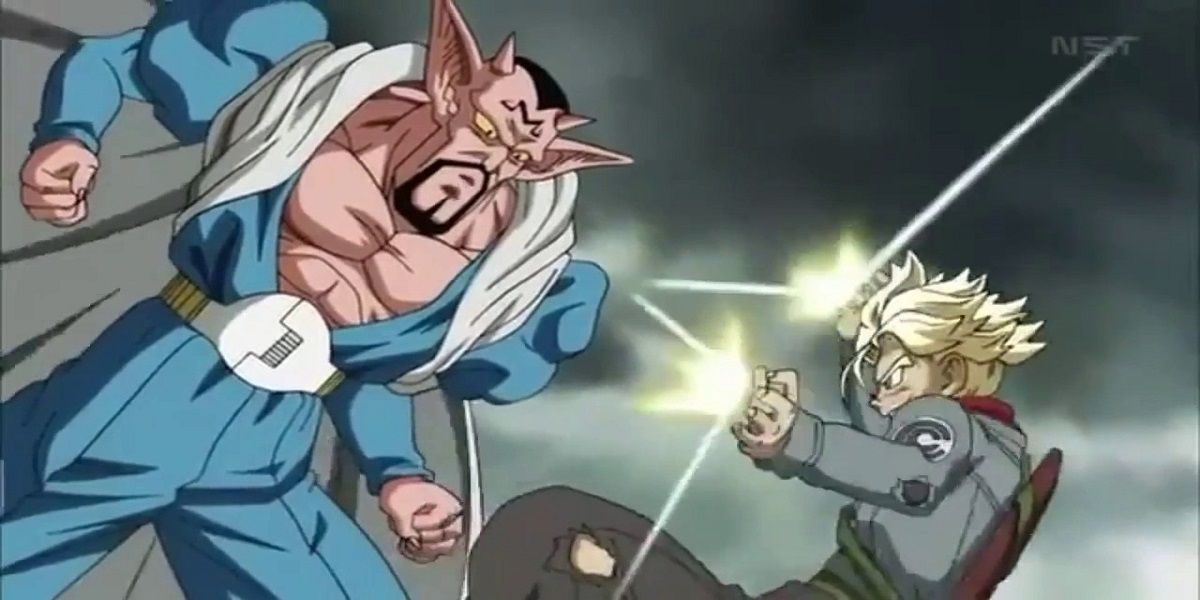 Future Trunks fights Future Dabura in Dragon Ball.