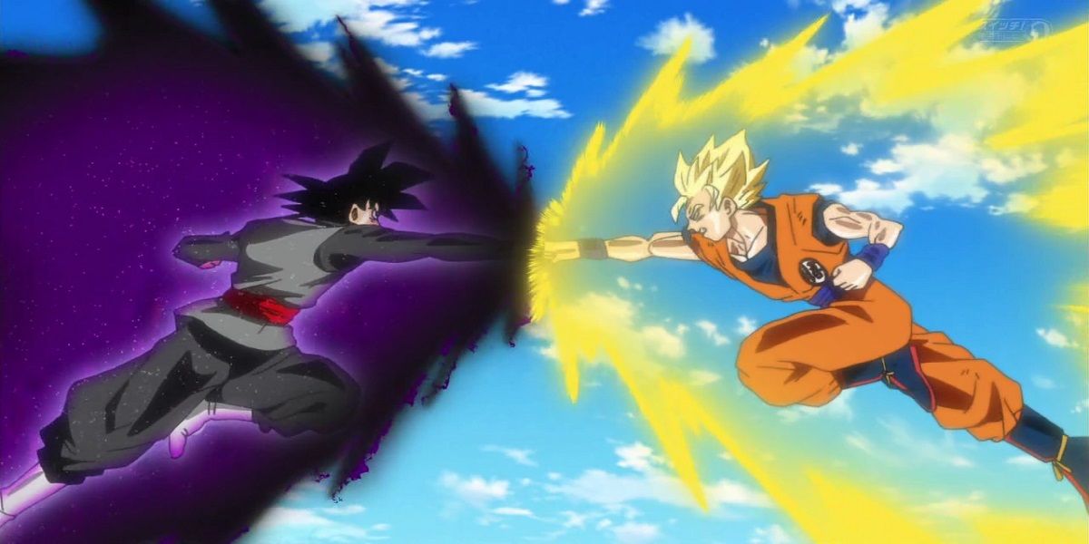 Goku Black and Goku strike fists during fight in Dragon Ball Super.