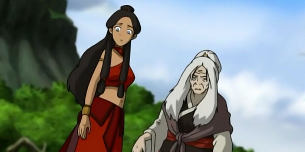 Hama and Katara training in fire bending clothes