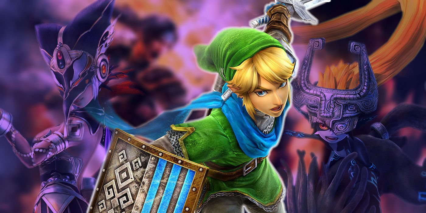 Link attacking in Hyrule Warriors with Midna in the background.