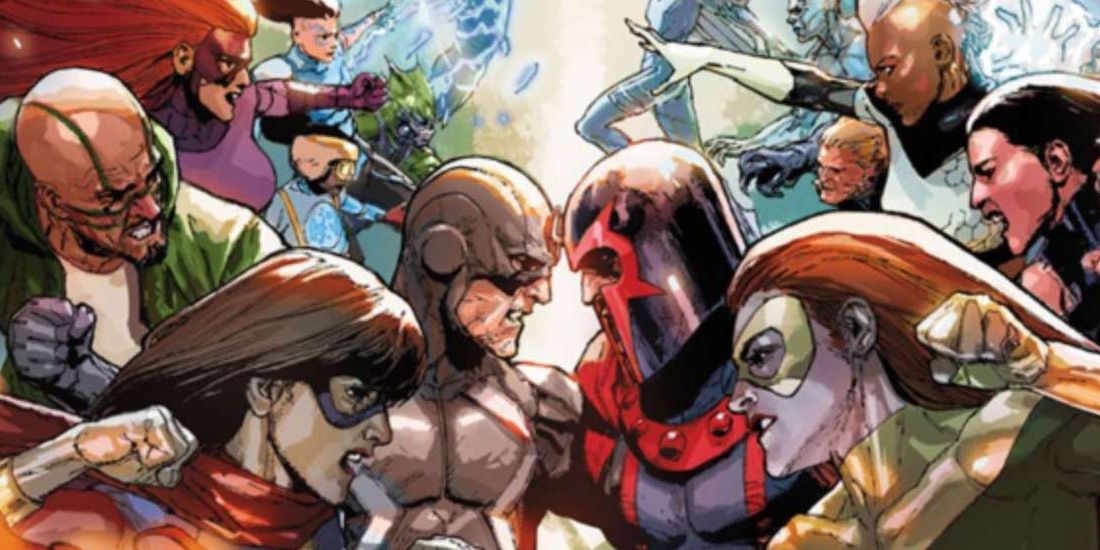Inhumans Vs X-men as both sides stare each other down ready to fight.