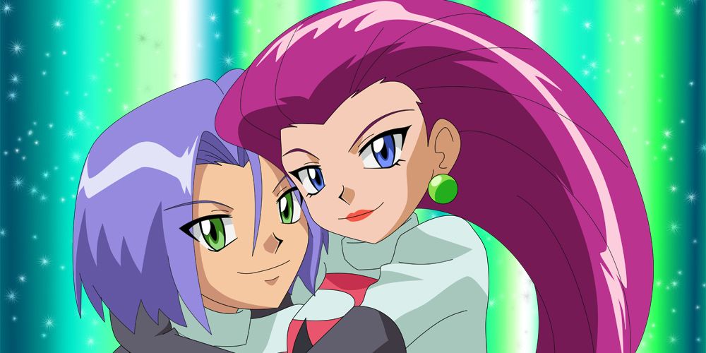 Jessie and James embrace during a pose in the Pokemon anime