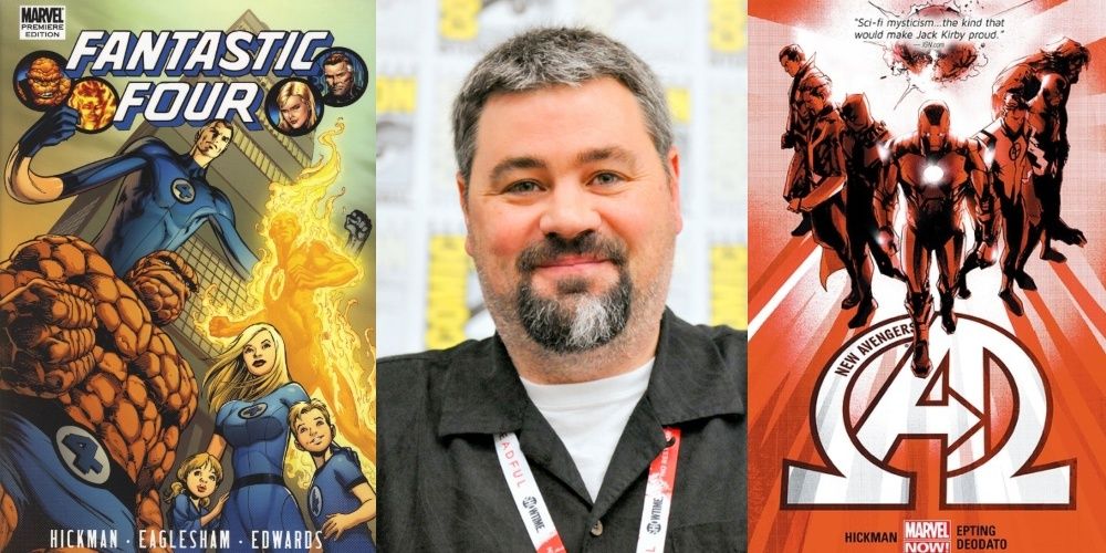 A split image of Jonathan Hickman, the Fantastic Four, and the New Avengers from Marvel Comics
