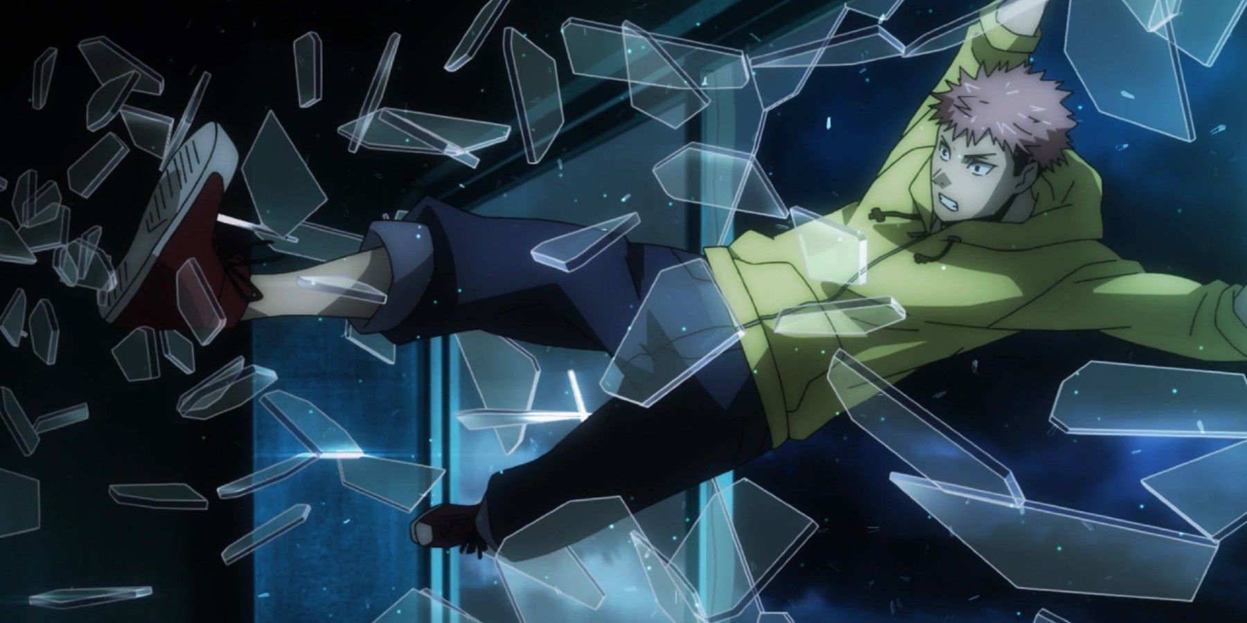 yuji itadori crashing through a window to help megumi fight curses JJK