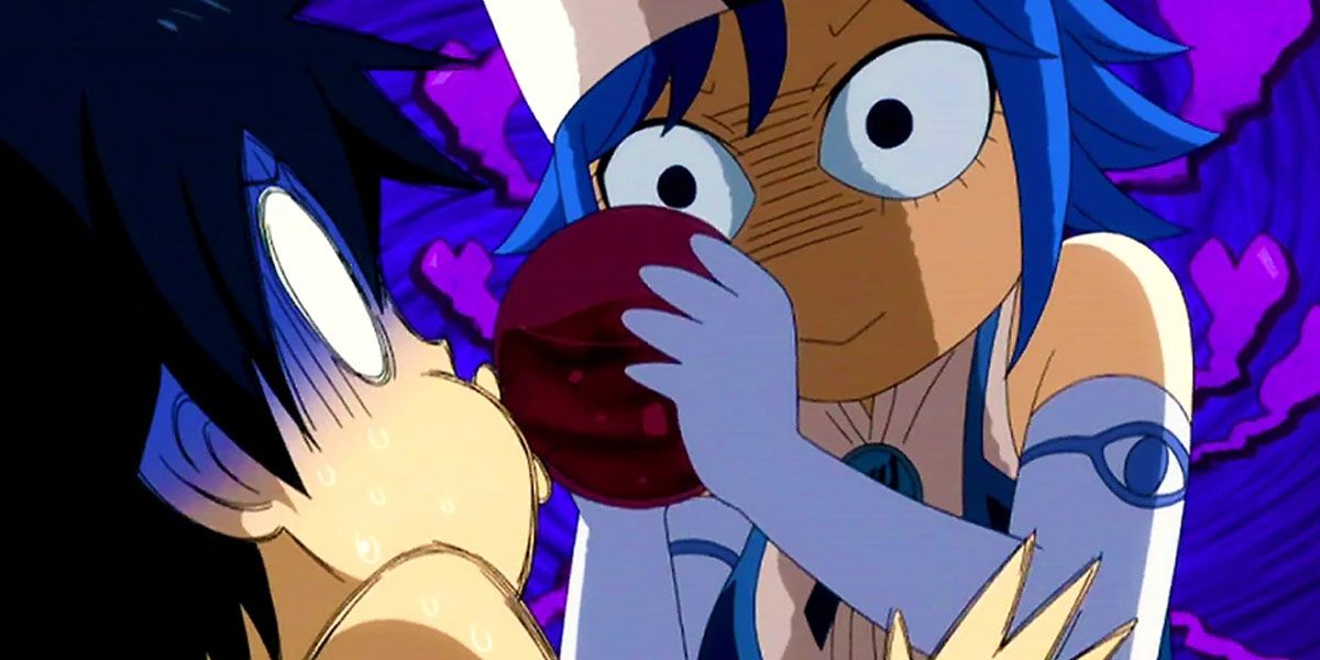 Juvia forcing love potion down Gray's throat