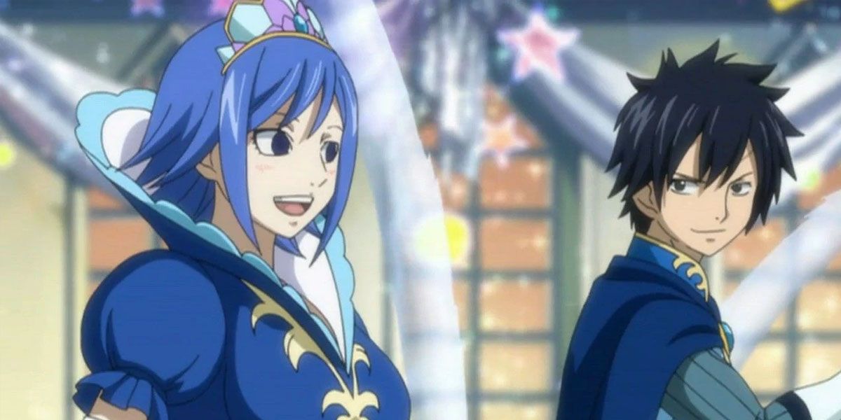 Juvia And Gray participating in a parade and smiling