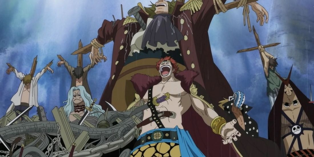 Eustass Kid, Killer, and the Kid Pirates crucifying their enemies in One Piece.