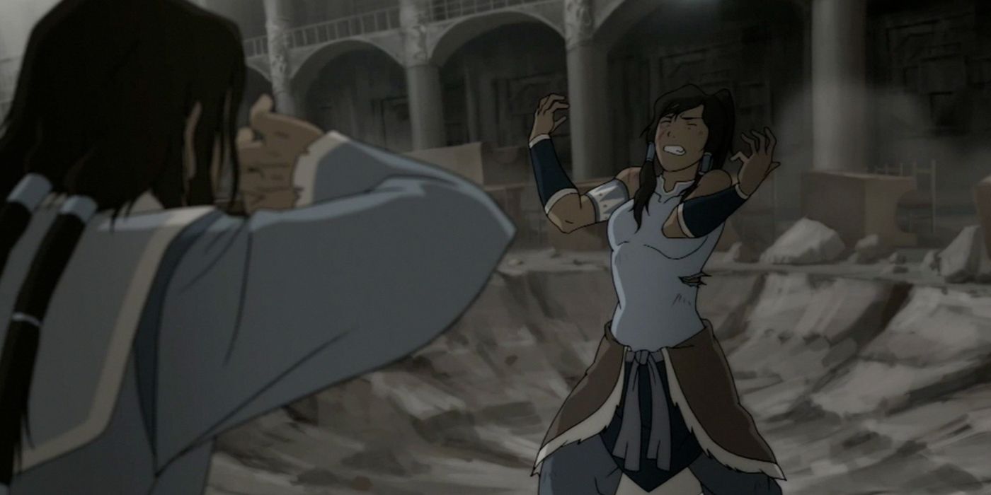 Korra à mercê de Tarrlok's Bloodbinging in the Legend of Korra.