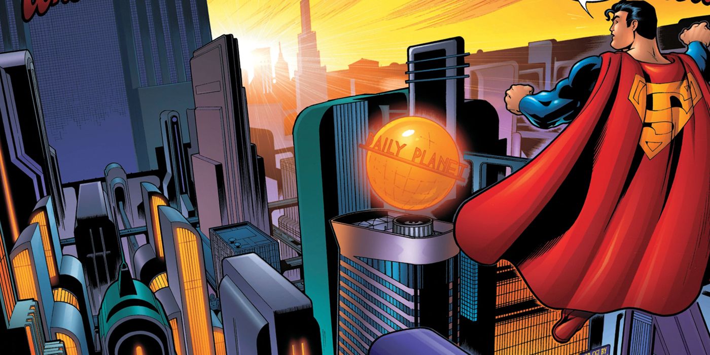 Superman hovering over the Metropolis skylines in DC Comics