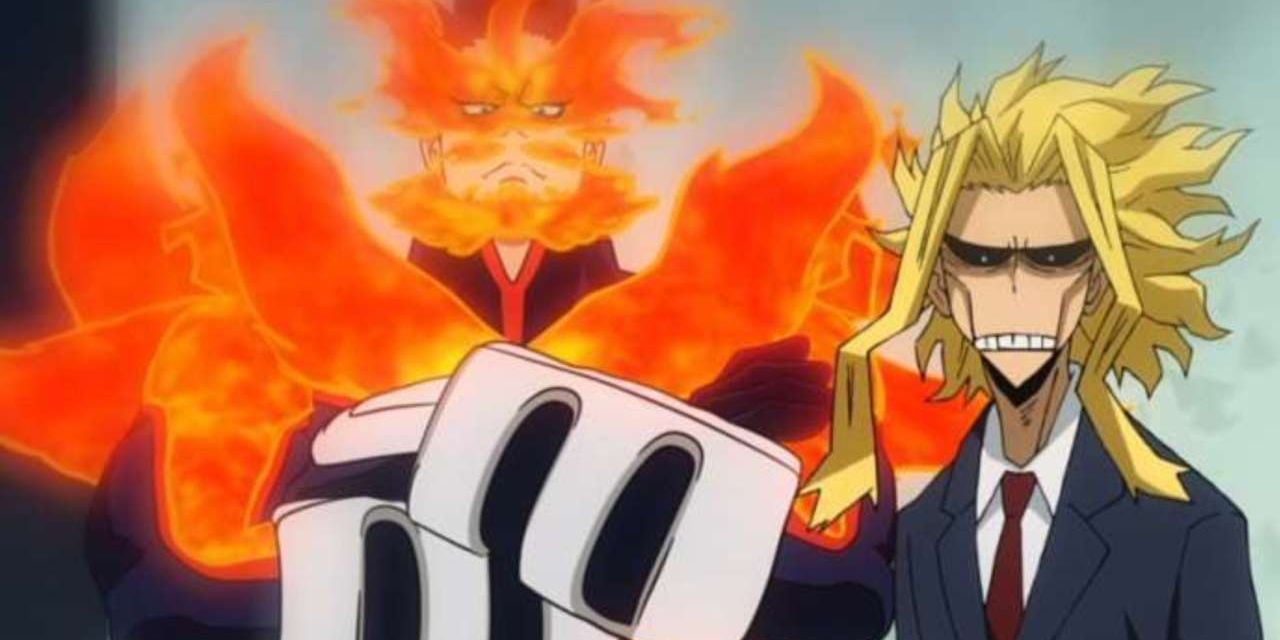 Anime My Hero Academia Endeavor in flames and Frail All Might