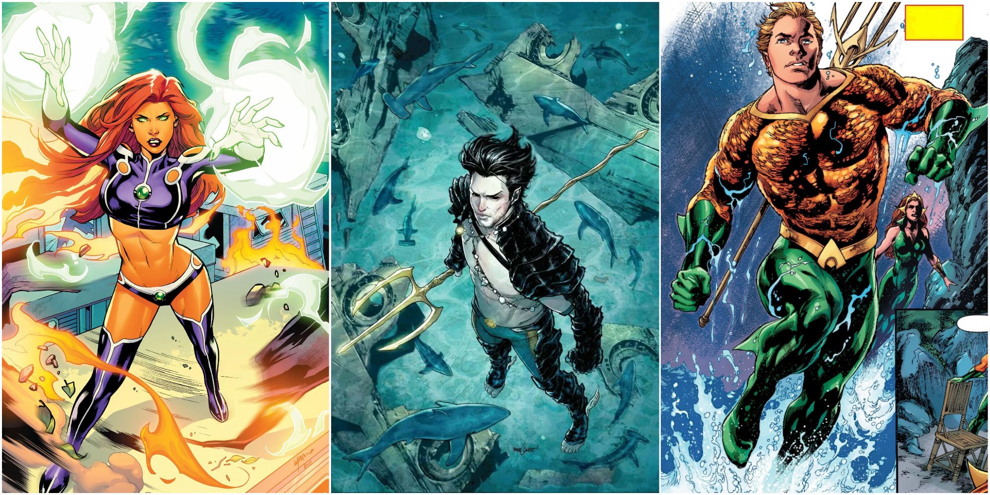 A split image of Starfire using her powers, Namor standing ready under the water, and Aquaman leaping from the ocean