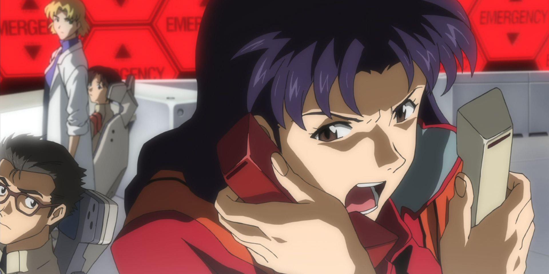 Anime Neon Genesis Evangelion Misato Katsuragi shouting into a phone