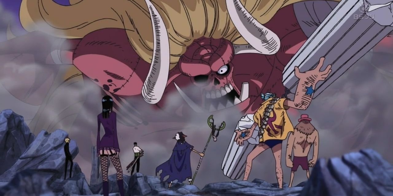 Oars looming through a cloud of smoke in front of the Straw Hat Pirates