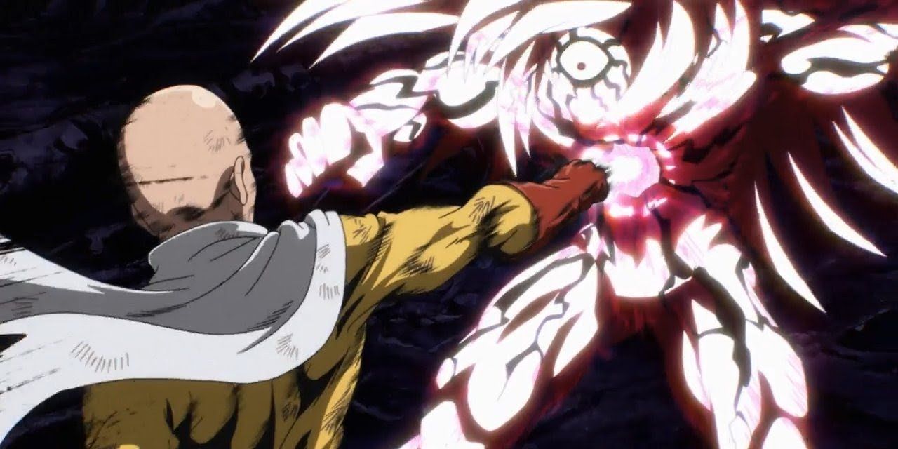Saitama from One Punch Man delivering the final blow to Lord Boros