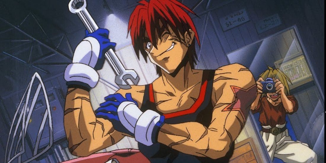 Gene Starwind flexing and grinning while holding a wrench in Outlaw Star.