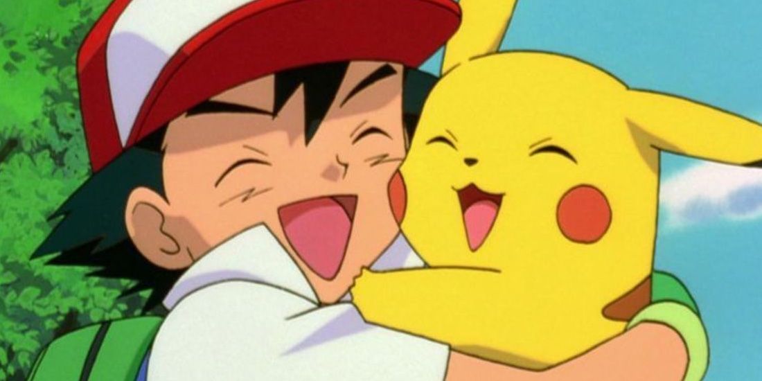 Ash And Pikachu hugging in the Pokemon anime