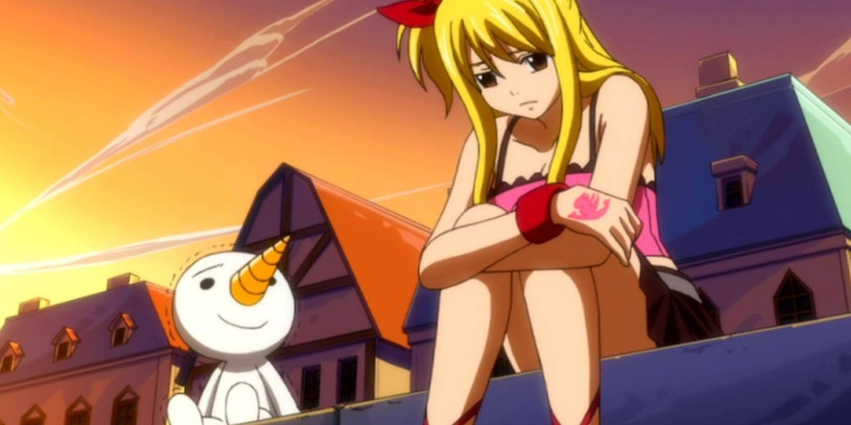 Fairy Tail Plue Sits Next To Lucy While She Looks A Little Down While The Sun Sets Behind Them