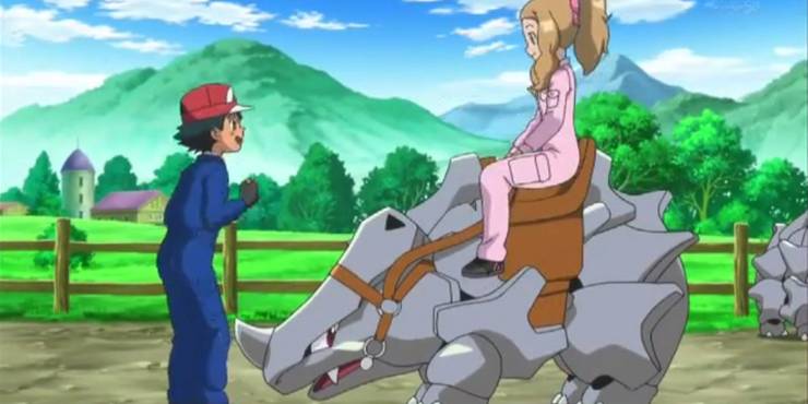 Serena rider en Rhyhorn i Pokemon anime