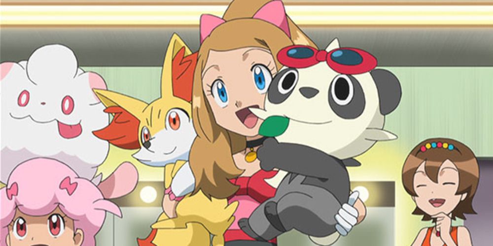 Serena performing in a Pokemon showcase in the anime with pancham and fennekin
