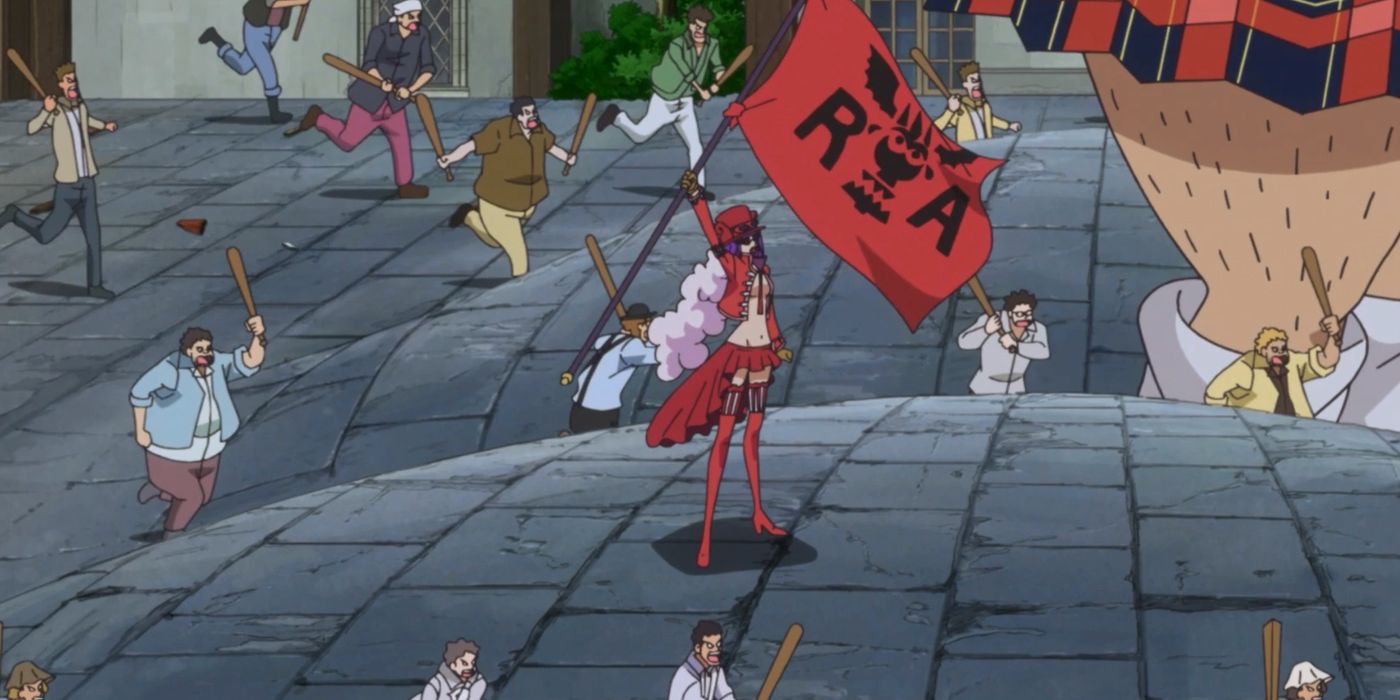 Belo Betty usando a fruta Pump-Pump para agitar uma cidade cheia de pessoas para lutar no arco devaneio de One Piece