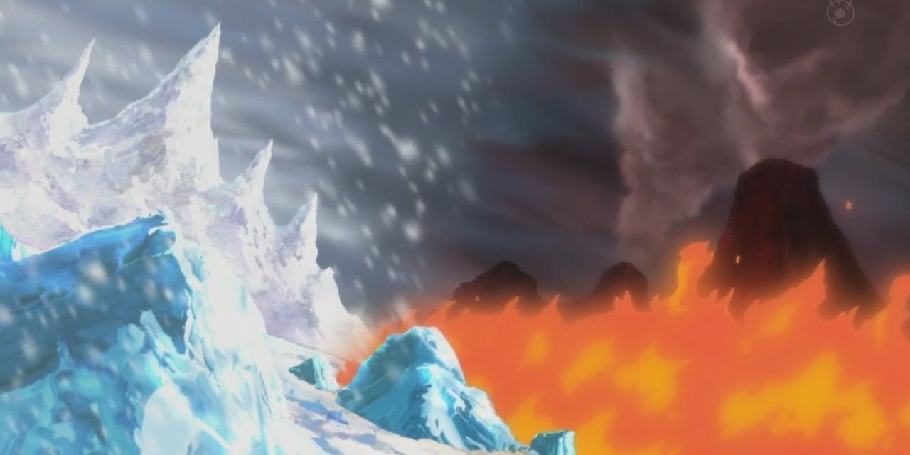 A blizzard atop a snow-capped mountain next to a burning volcano