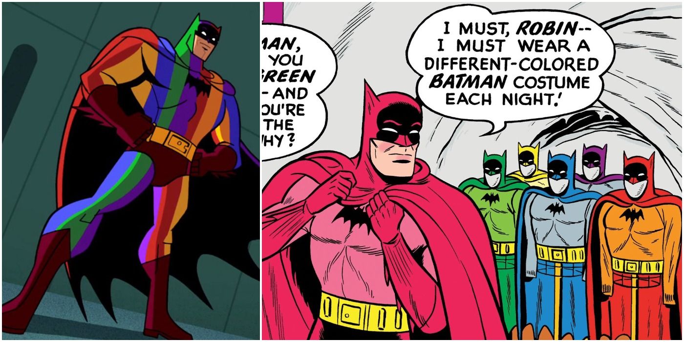 images of Rainbow Batman from comics and Batman: The Brave and The Bold