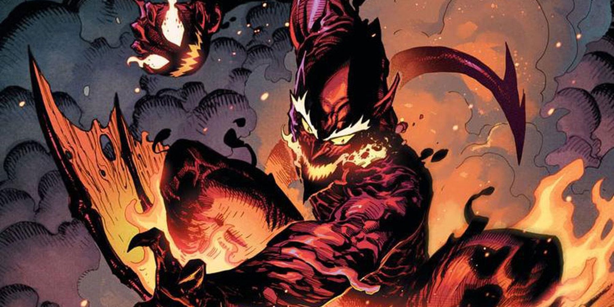 Norman Osborn and the Carnage symbiote as Red Goblin in front of smoke and fire