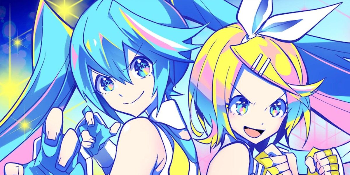 Rin Kagamine And Hatsune Miku back to back with their fists up ready to fight