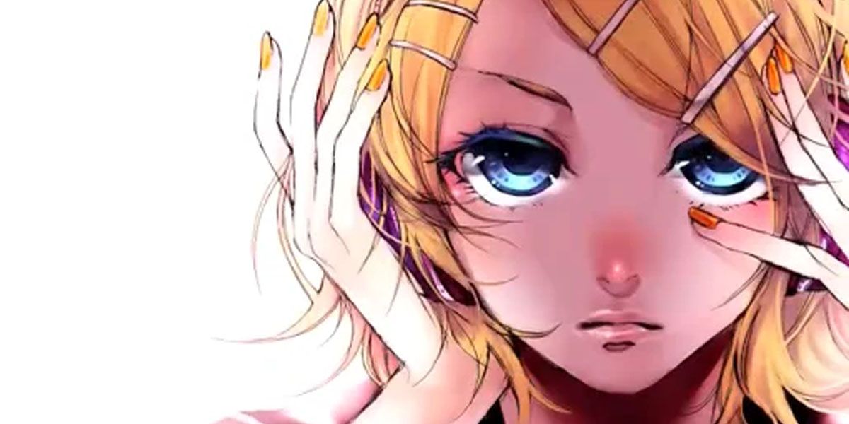 Rin Kagamine with her hands pressed against the sides of her face