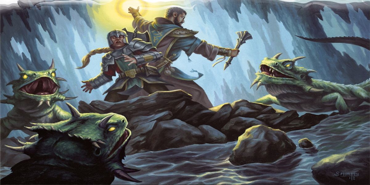 Two characters ward off giant lizards in art for DnD's Sahuagin Swamp Adventurers campaign