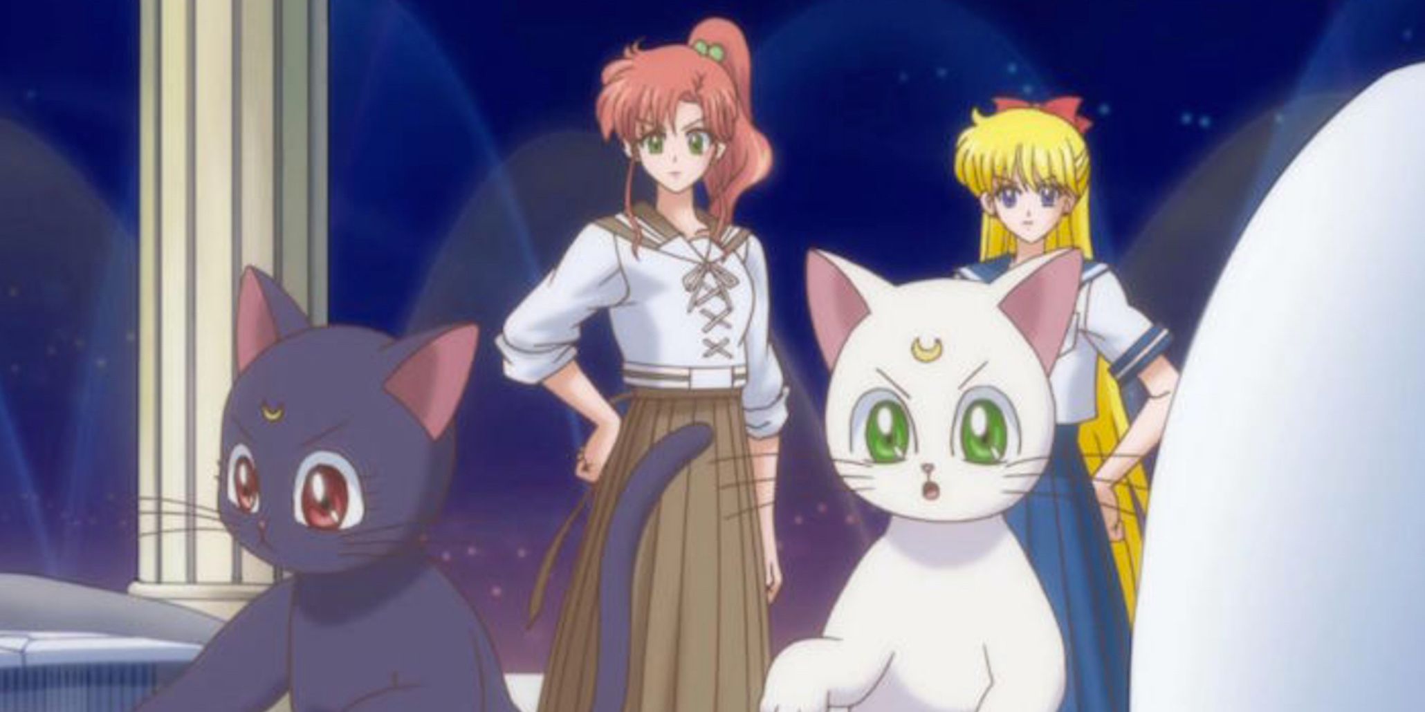 Luna & Artemis at computer at Sailor Scout headquarters; Sailor Venus and Jupiter watch-Sailor Moon