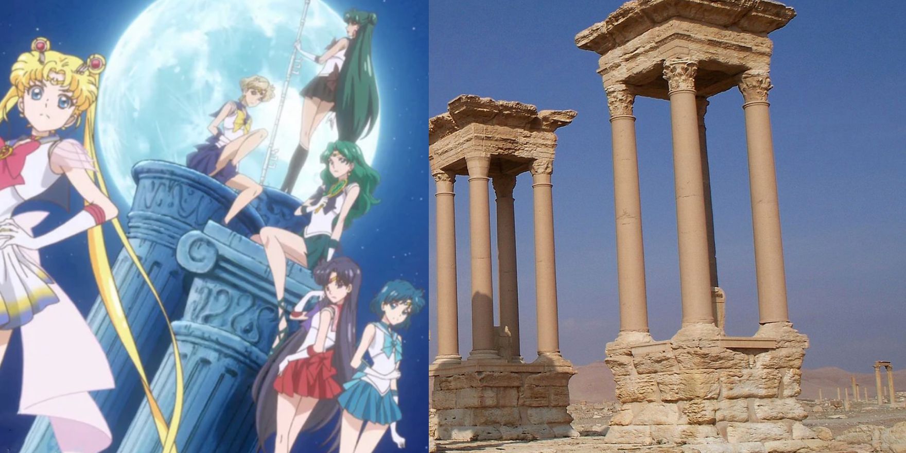 Elysion in Sailor Moon and the ruins in Palmyra, Syria split image.