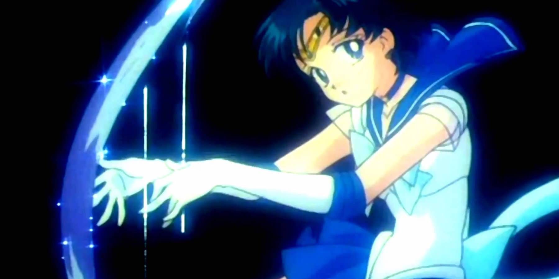 Sailor Mercury playing a harp, using her Mercury Aqua Rhapsody attack in Sailor Moon.